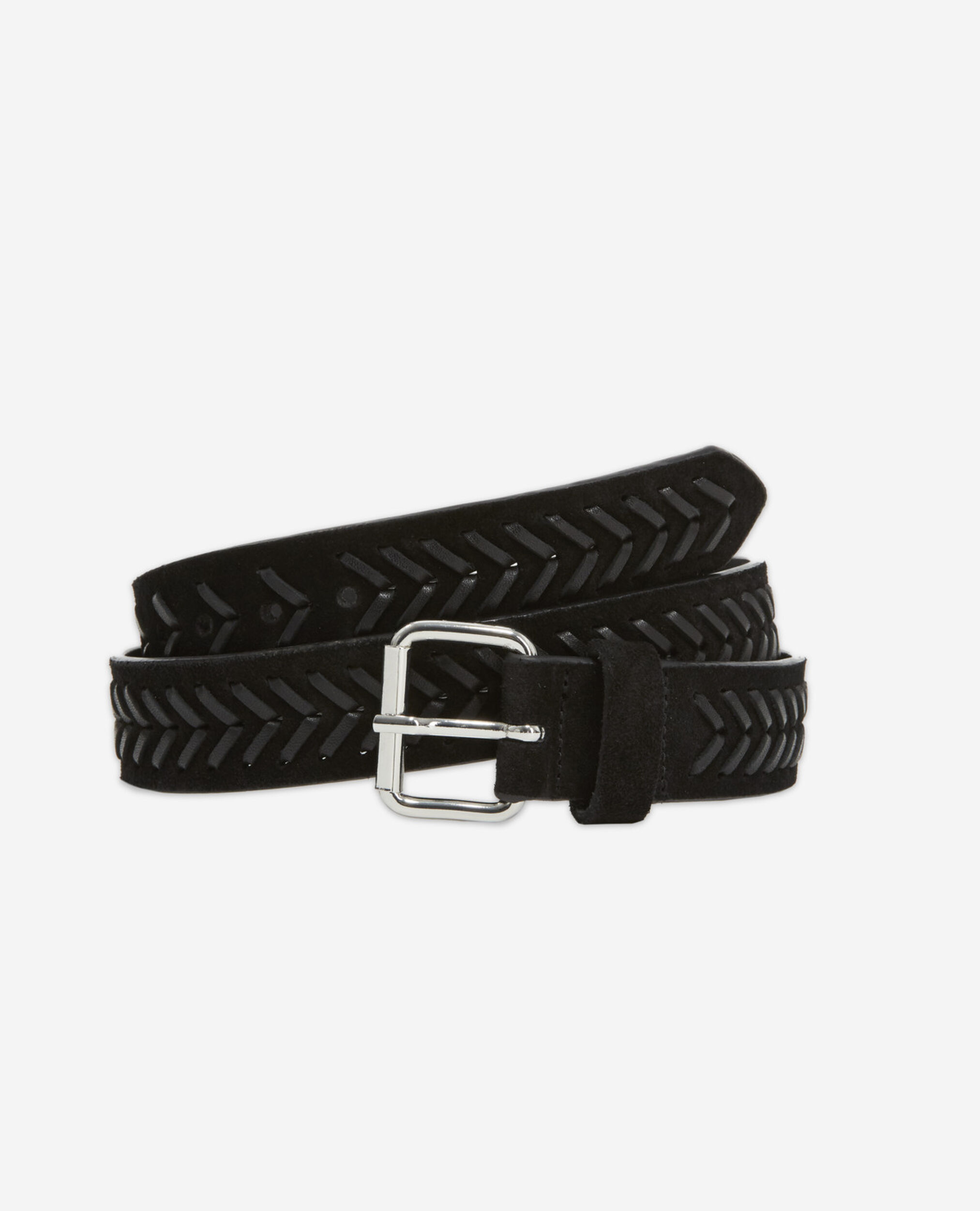 Black leather belt with braided details, BLACK, hi-res image number null