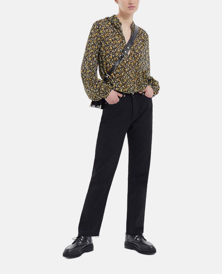 The Kooples F BLACK-ORANGE floral black and yellow top in knotted silver details