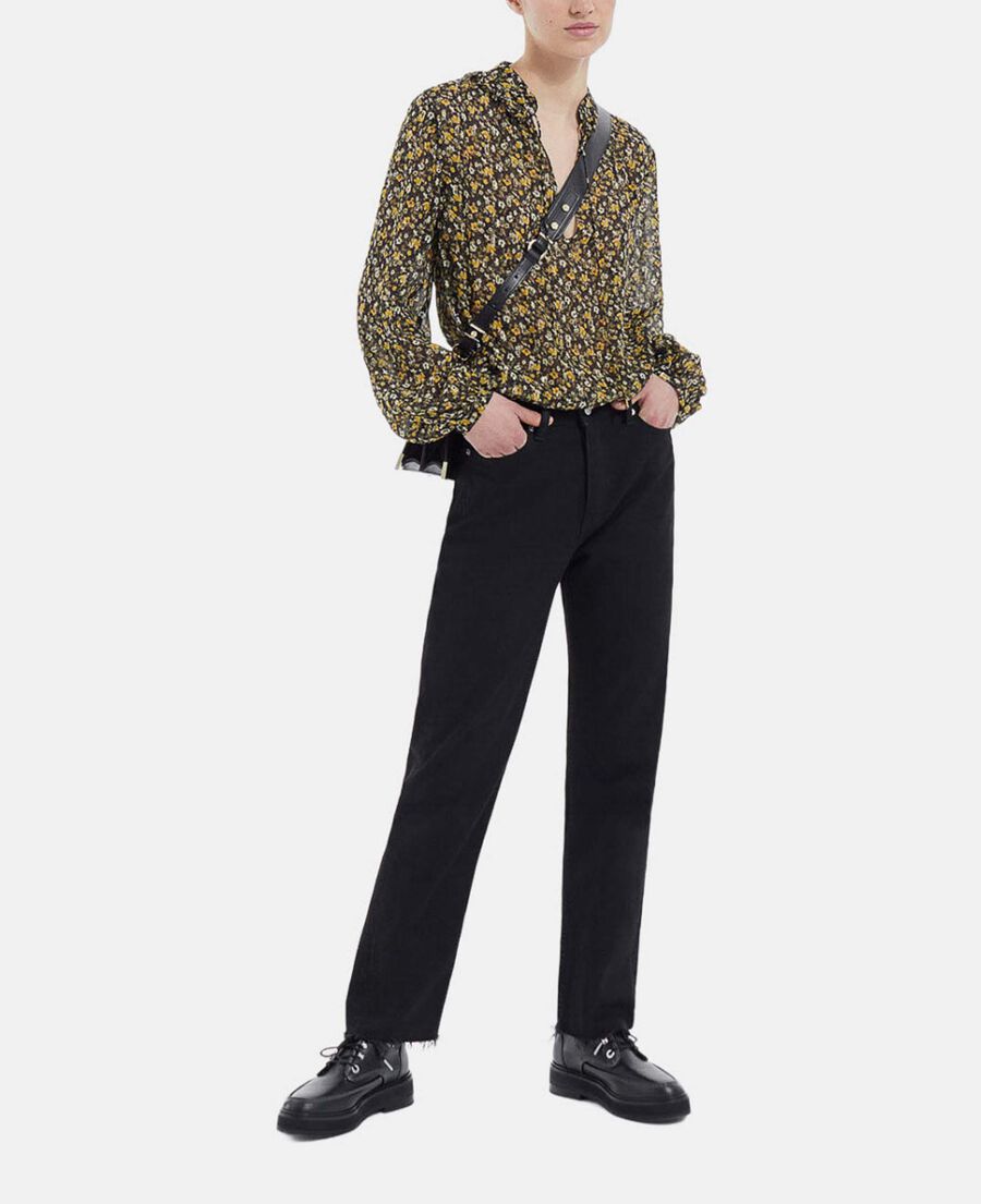 The Kooples F BLACK-ORANGE floral black and yellow top in knotted silver details