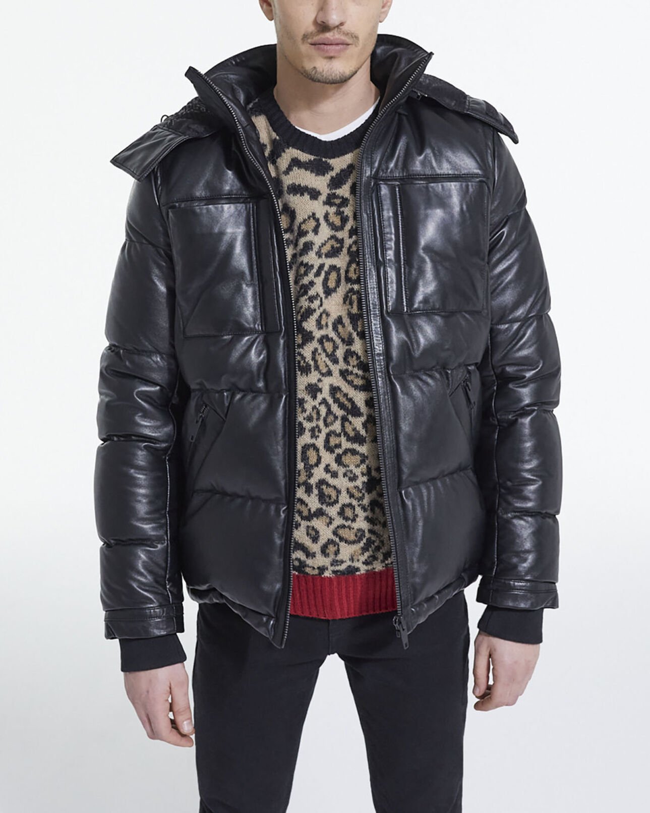 The Kooples HOMME BLACK doudoune courte en cuir noir bretelles