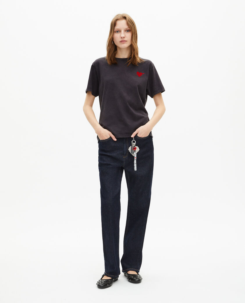 The Kooples WOMEN BLACK WASHED black t-shirt with heart flocking