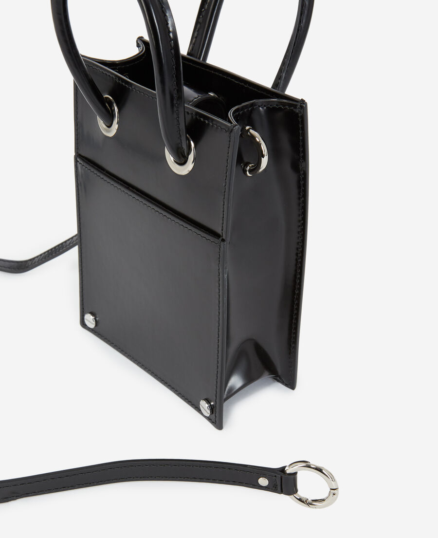 smooth black leather handbag with handles