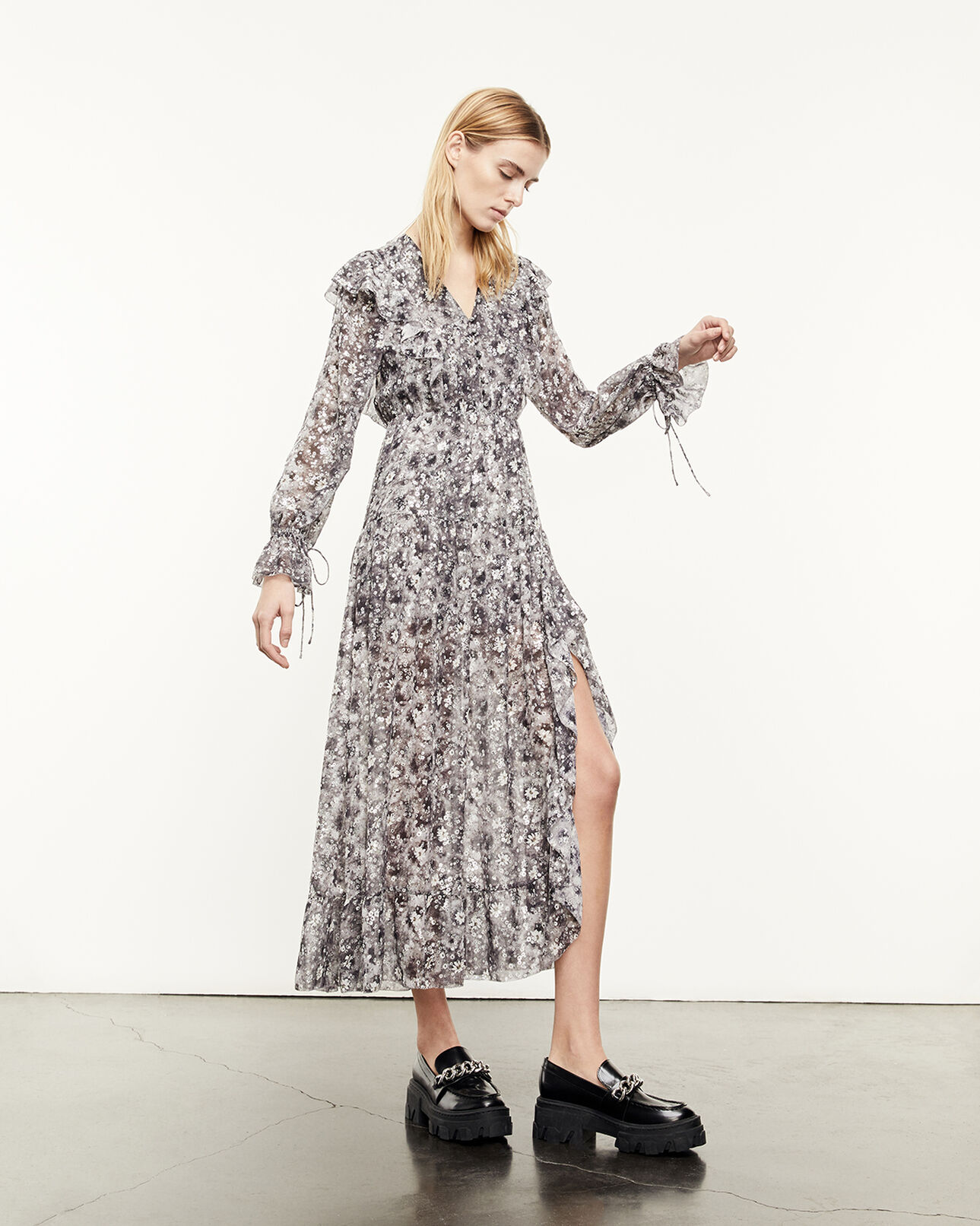 The Kooples MUJER BLACK-ECRU vestido largo negro estampado floral
