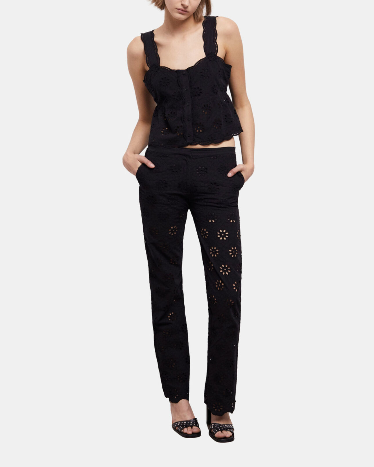 The Kooples DAMEN BLACK kurzes, schwarzes top mit englischer stickerei