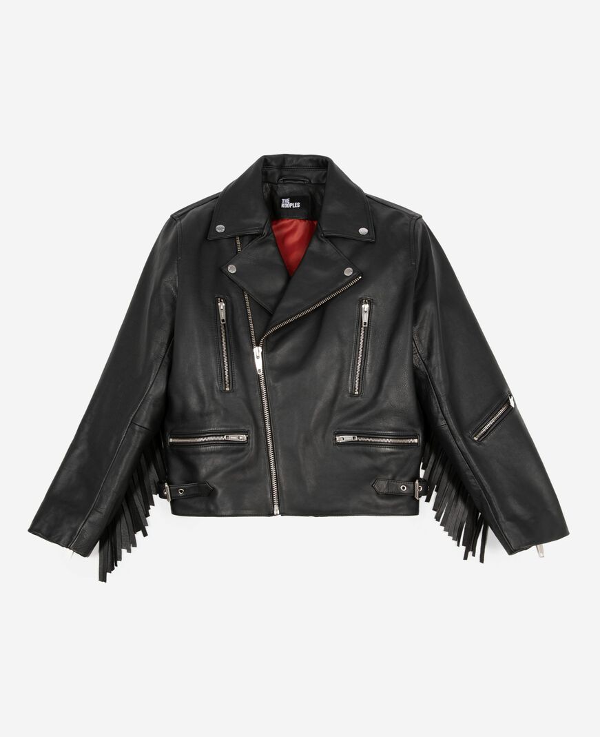 The Kooples WOMEN BLACK black fringed leather jacket