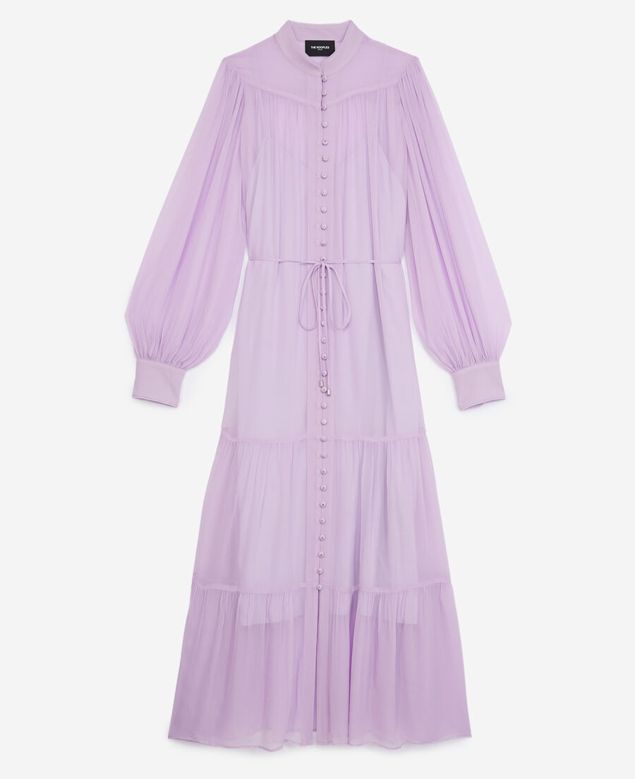 long purple dress with frills and belt