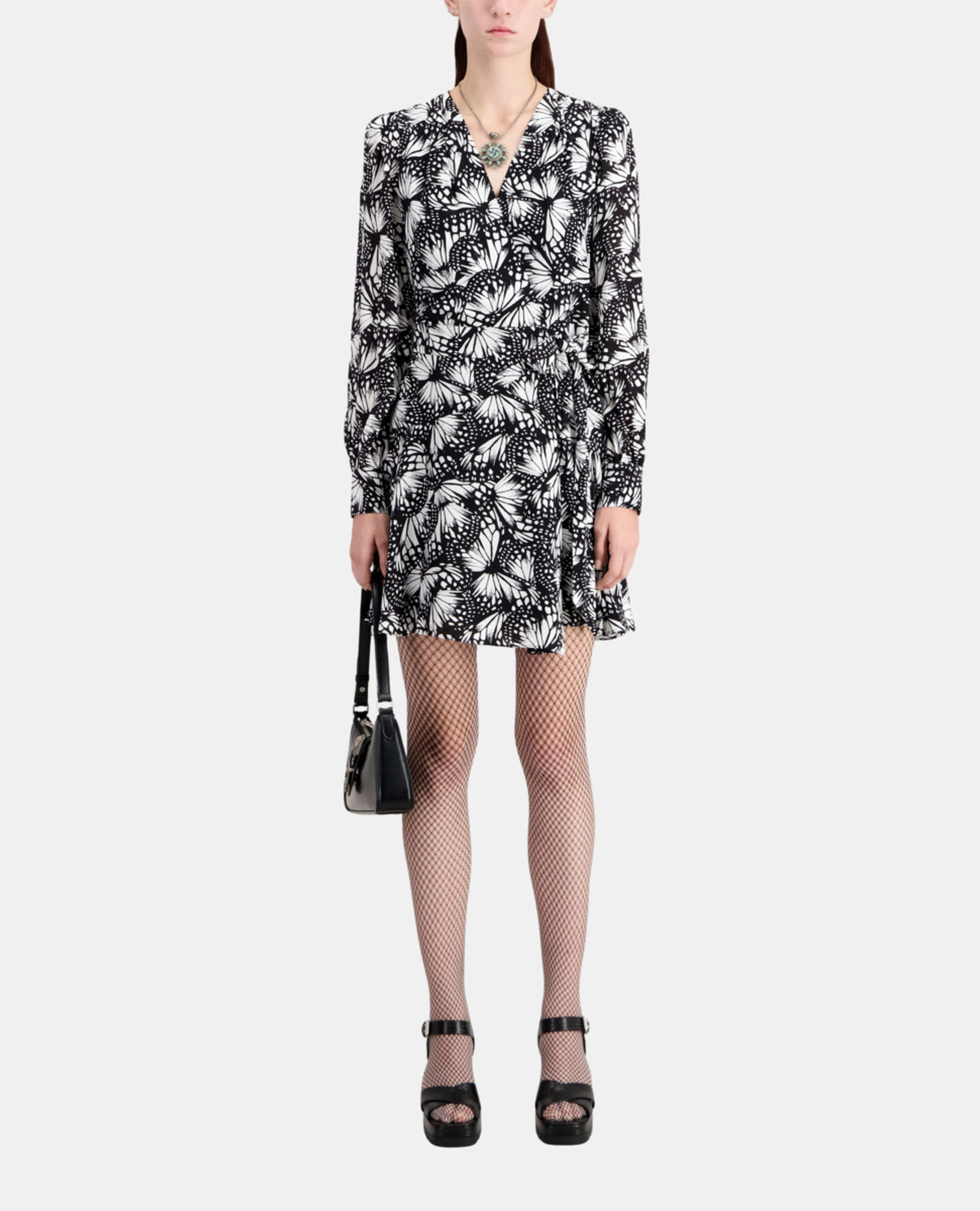 Short printed wrap dress, BLACK WHITE, hi-res image number null