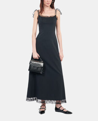 The Kooples DAMEN BLACK langes schwarzes kleid mit spitzendetails