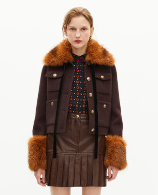 The Kooples F CHOCOLATE brown short wool jacket with sherpa collar