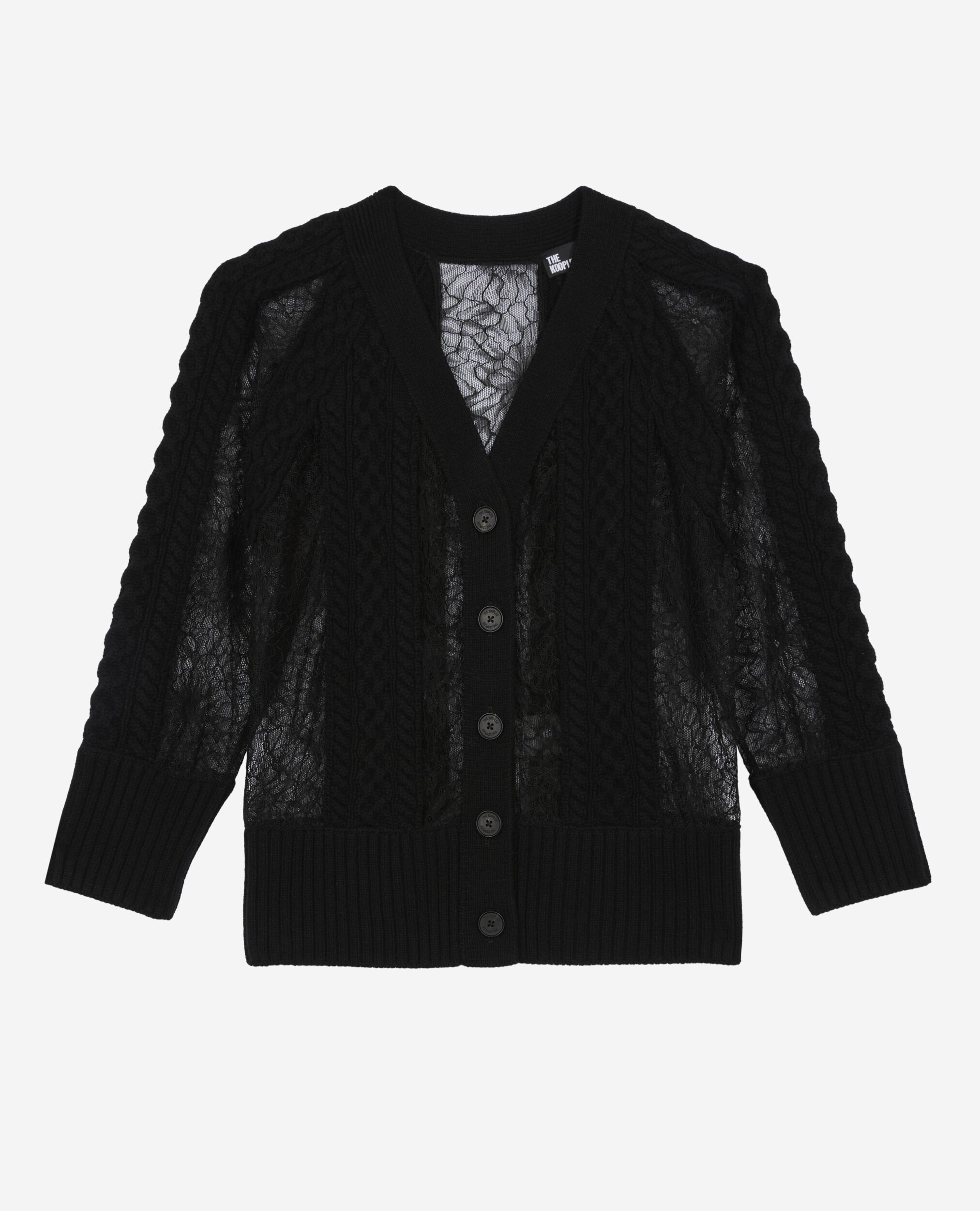 Cardigan en laine et dentelle noir, BLACK, hi-res image number null