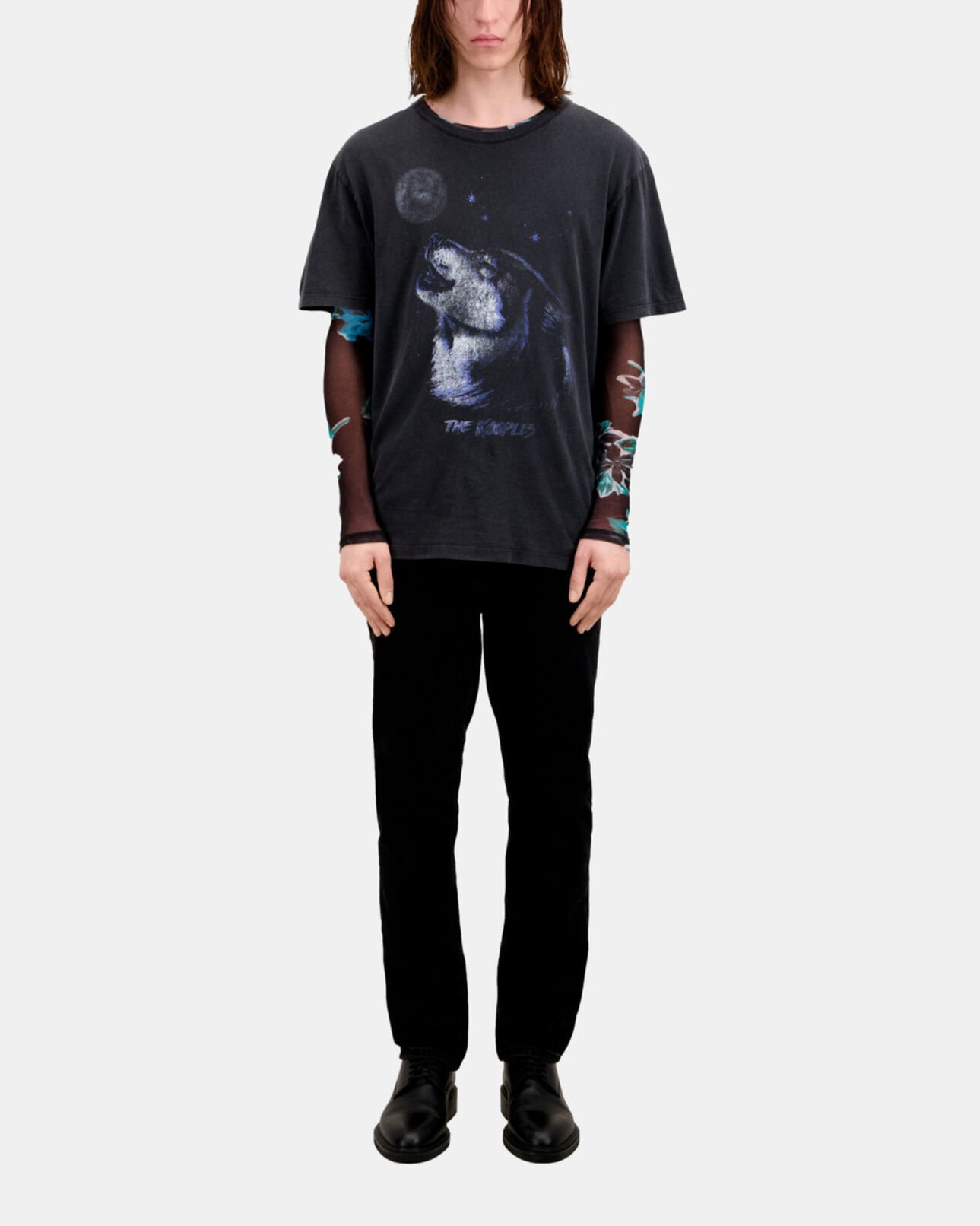 The Kooples MEN BLACK WASHED men's black t-shirt with wolf serigraphy