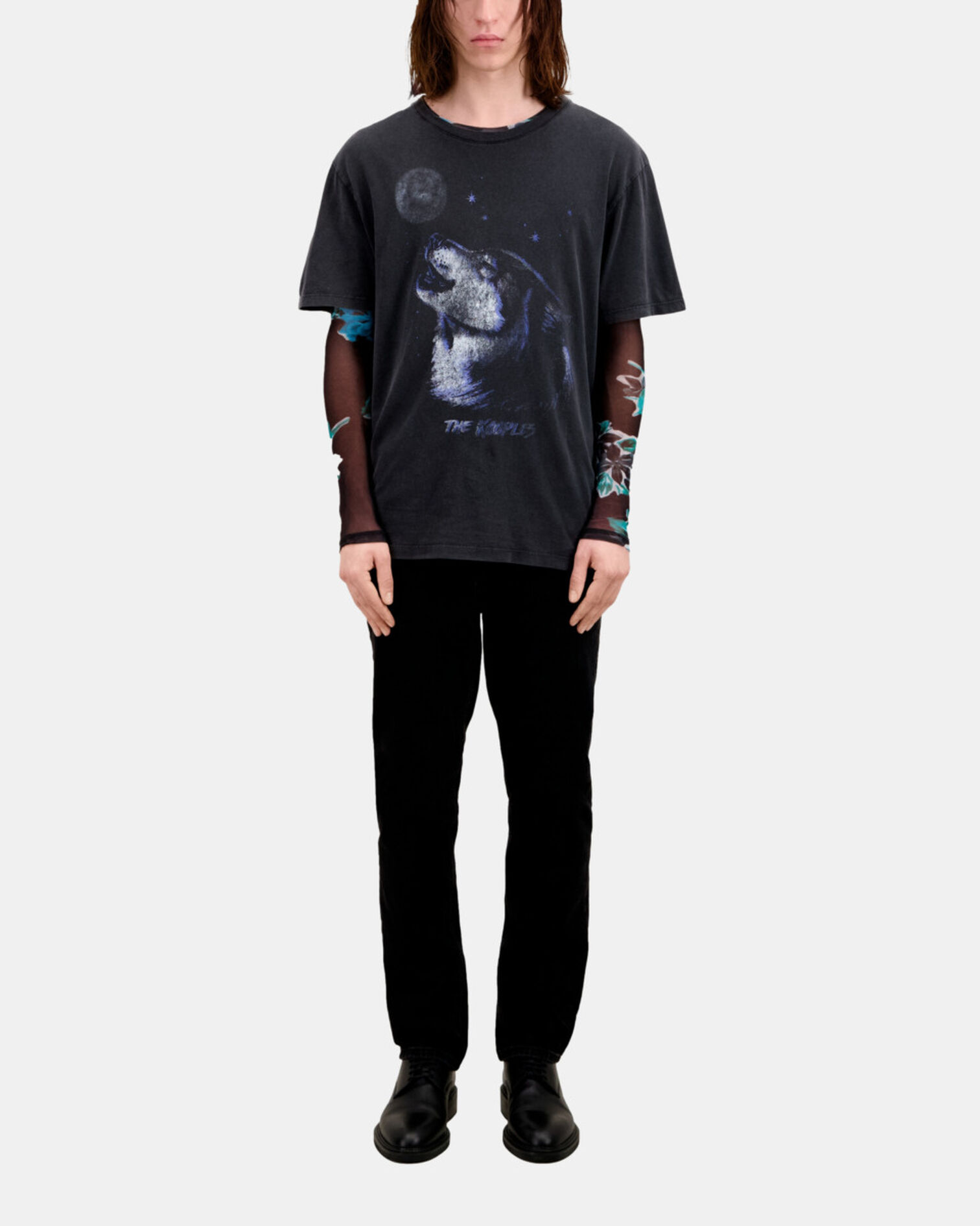 Men's black t-shirt with wolf serigraphy, BLACK WASHED, hi-res image number null