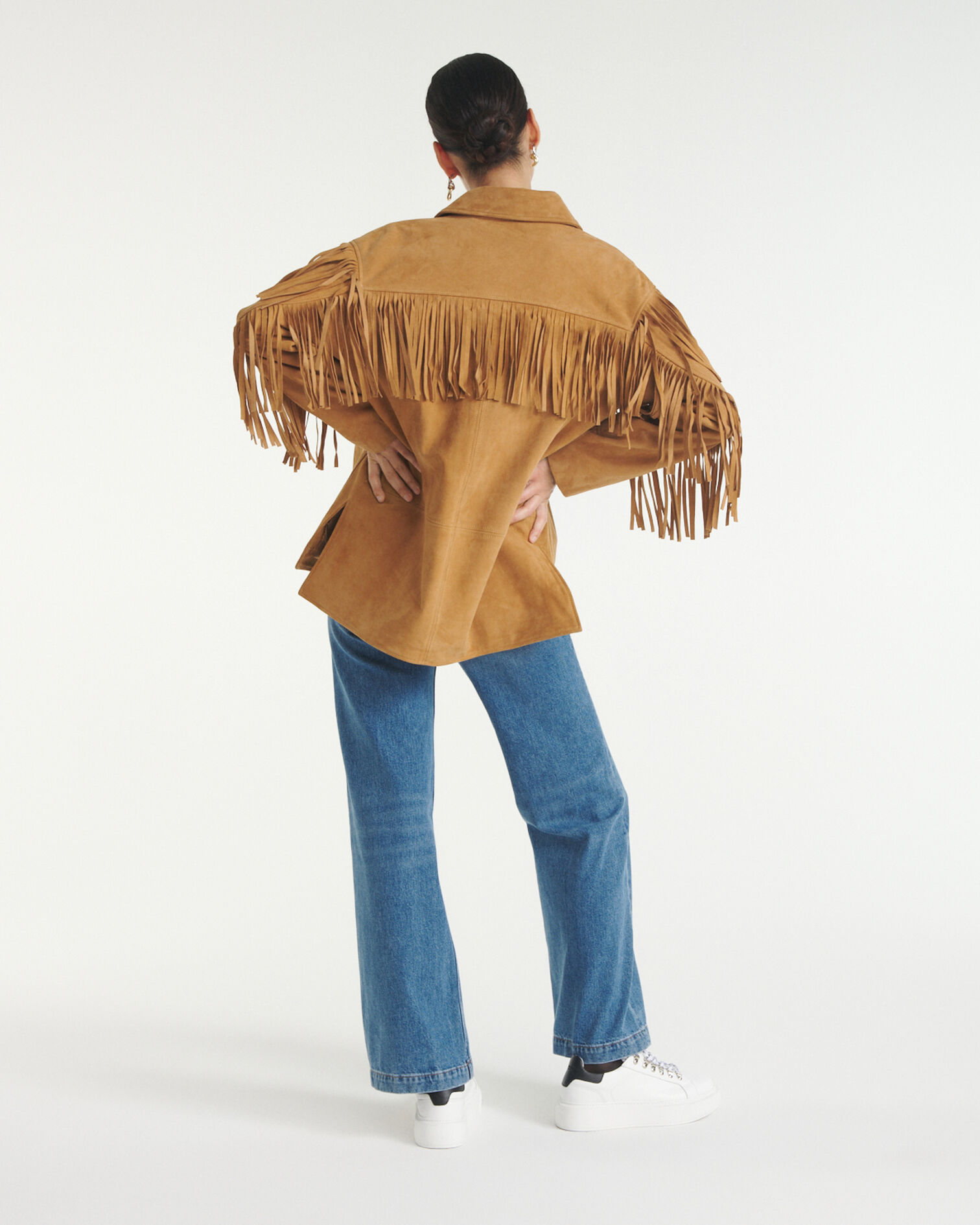 Camel suede jacket with fringing, CAMEL, hi-res image number null
