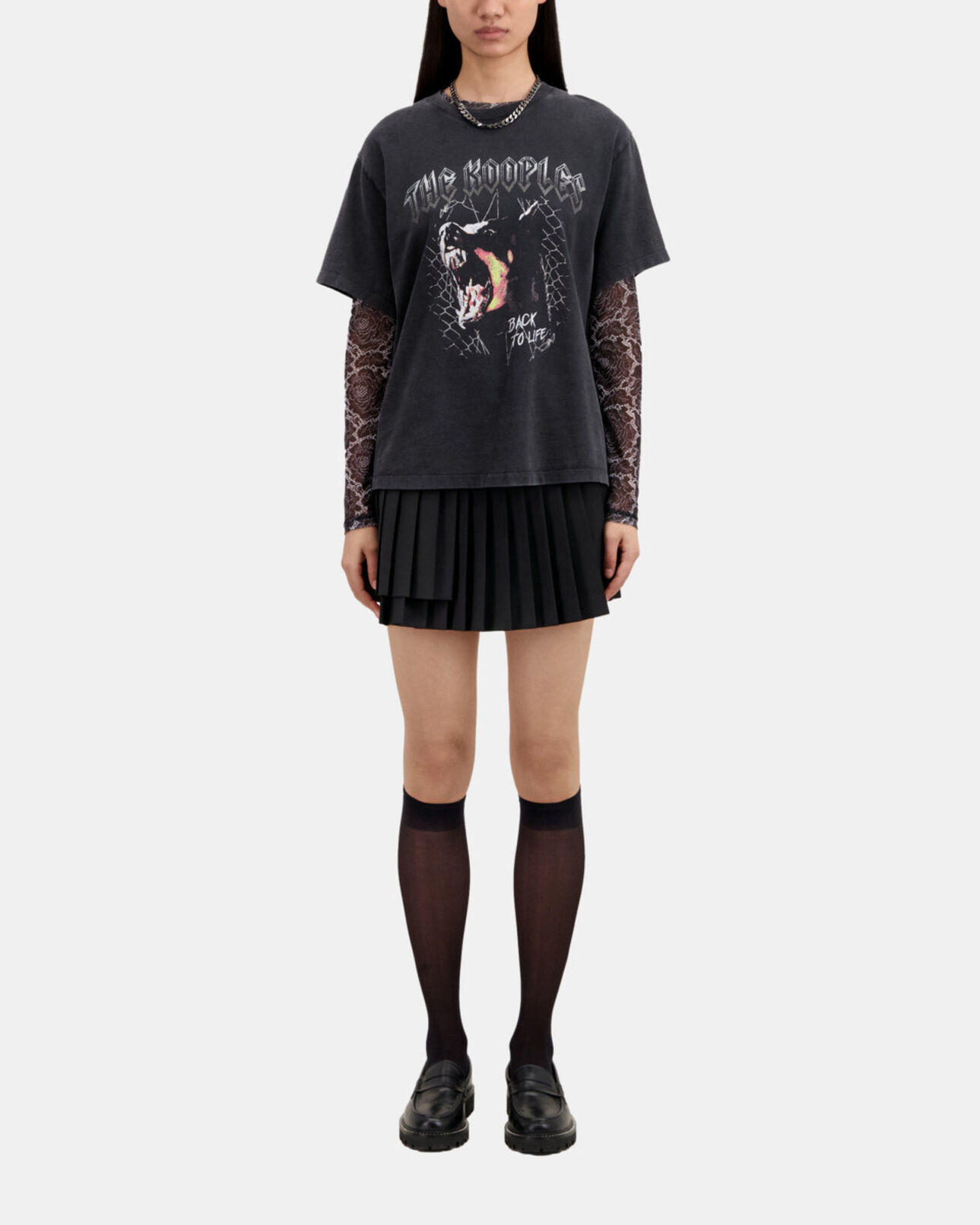 The Kooples DAMEN BLACK WASHED schwarzes t-shirt damen mit barking-dog-siebdruck