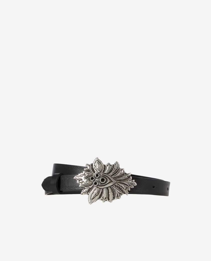 The Kooples WOMEN BLACK thin black leather belt with flower buckle