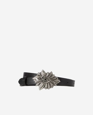 The Kooples WOMEN BLACK thin black leather belt with flower buckle