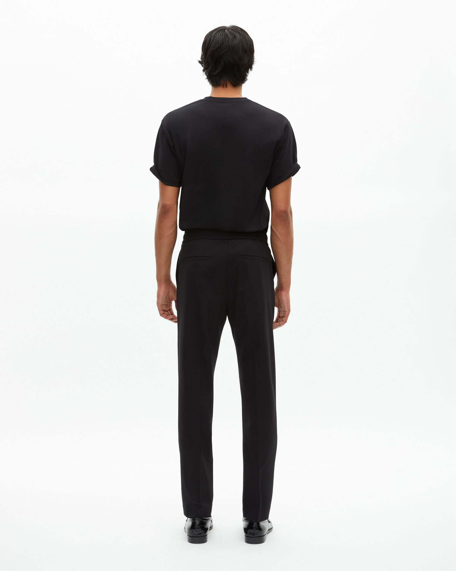 Black wool straight elasticated trousers, BLACK, hi-res image number null