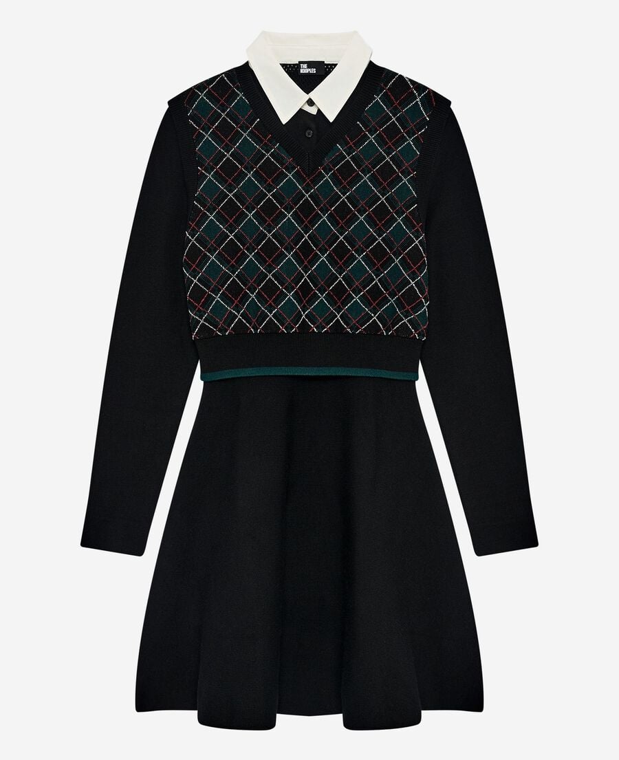 The Kooples F BLACK DARK GREEN green check knit short dress