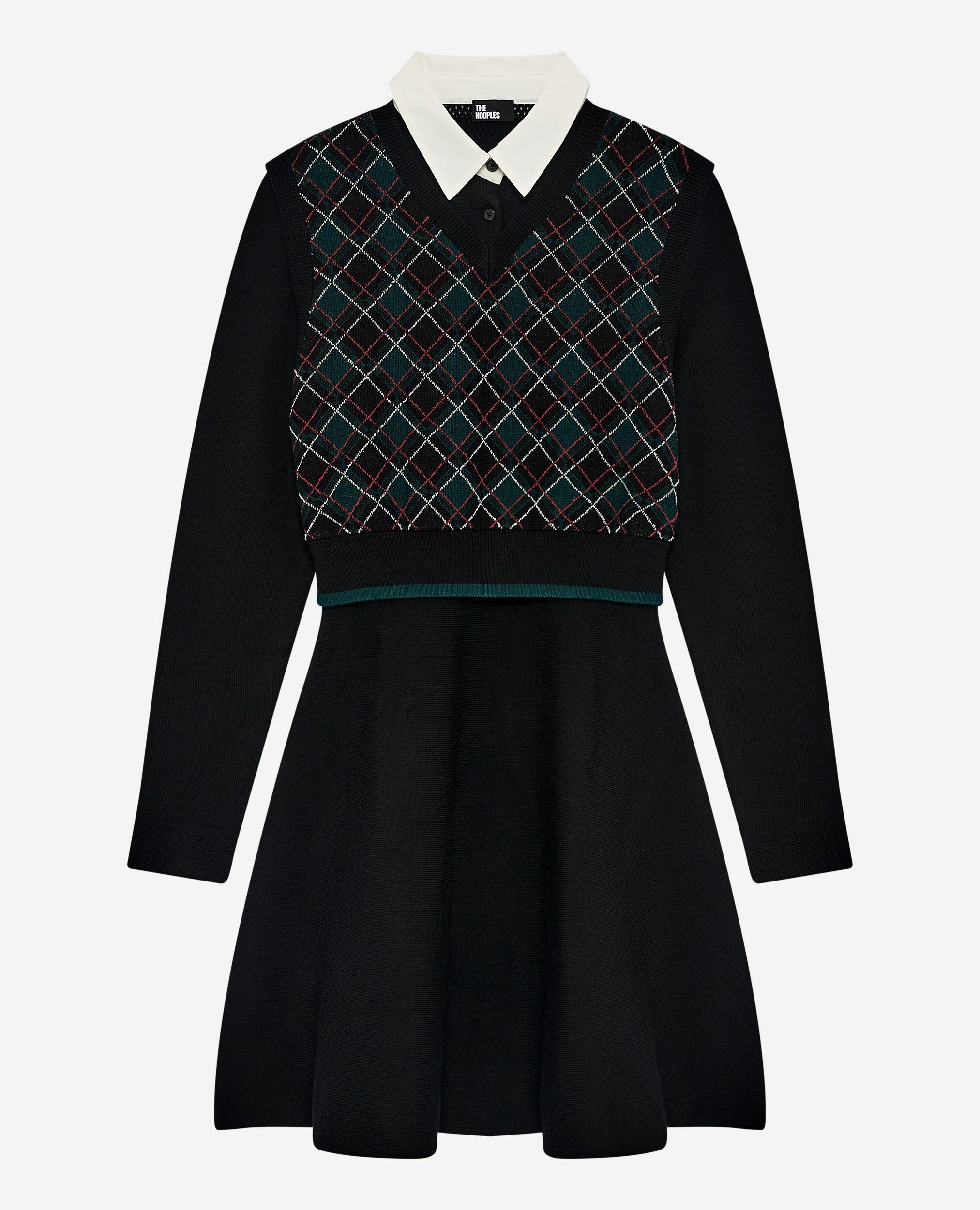 Green check knit short dress, BLACK DARK GREEN, hi-res image number null