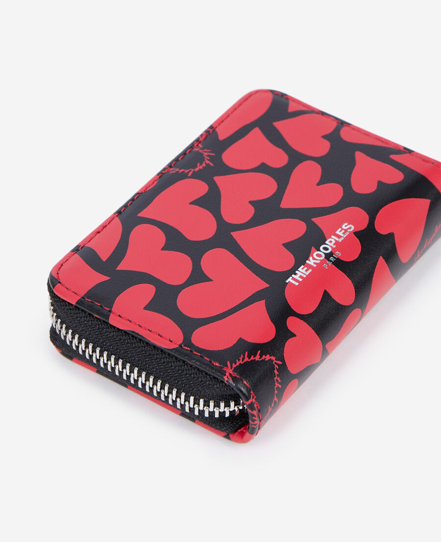 The Kooples F BLACK WHITE black leather coin purse with hearts print