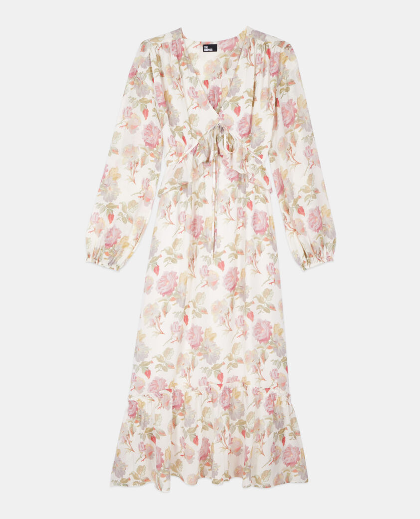 The Kooples WOMEN BEIGE / RED long floral printed silk dress