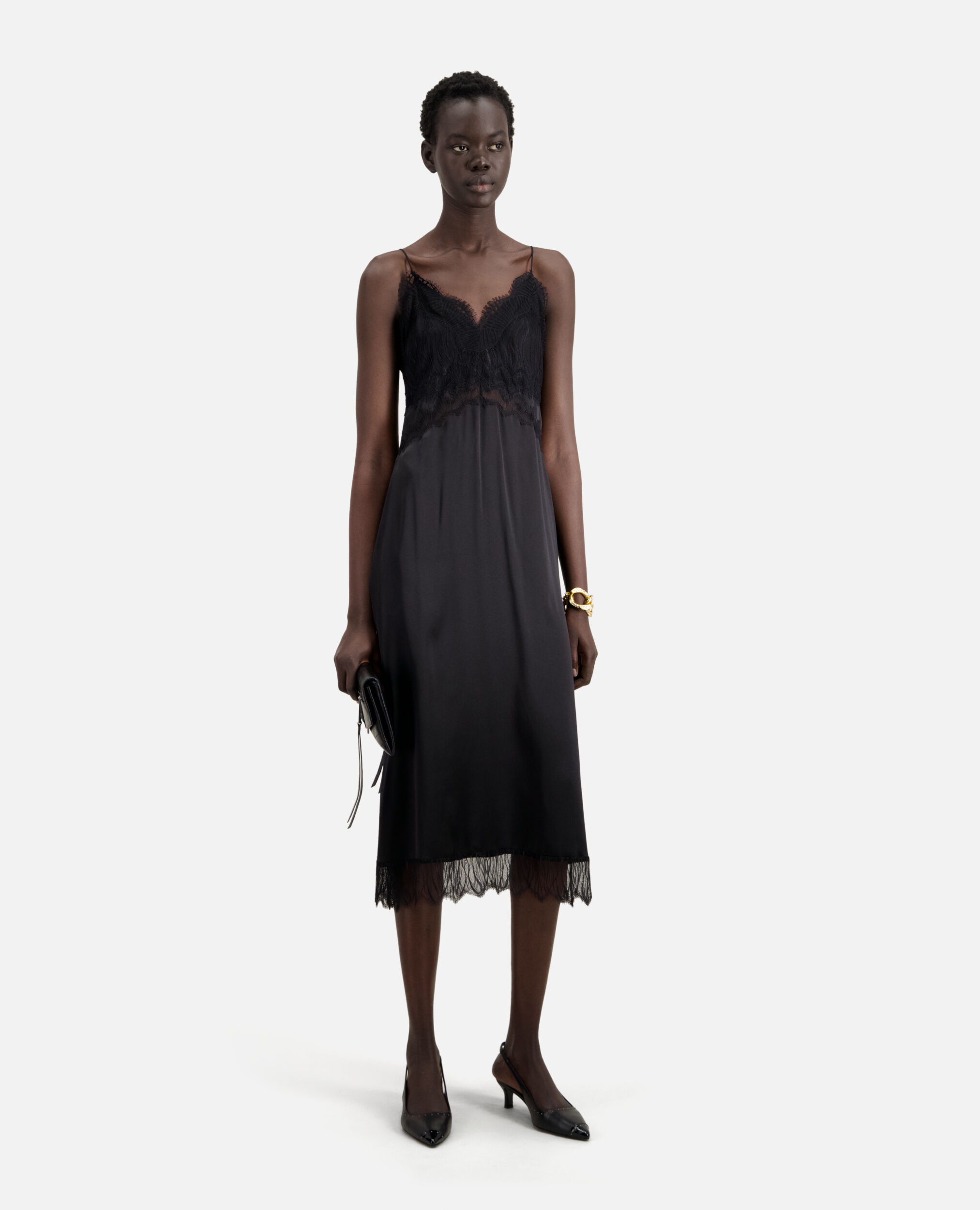 Women s Long black silk slip dress with lace details The Kooples US