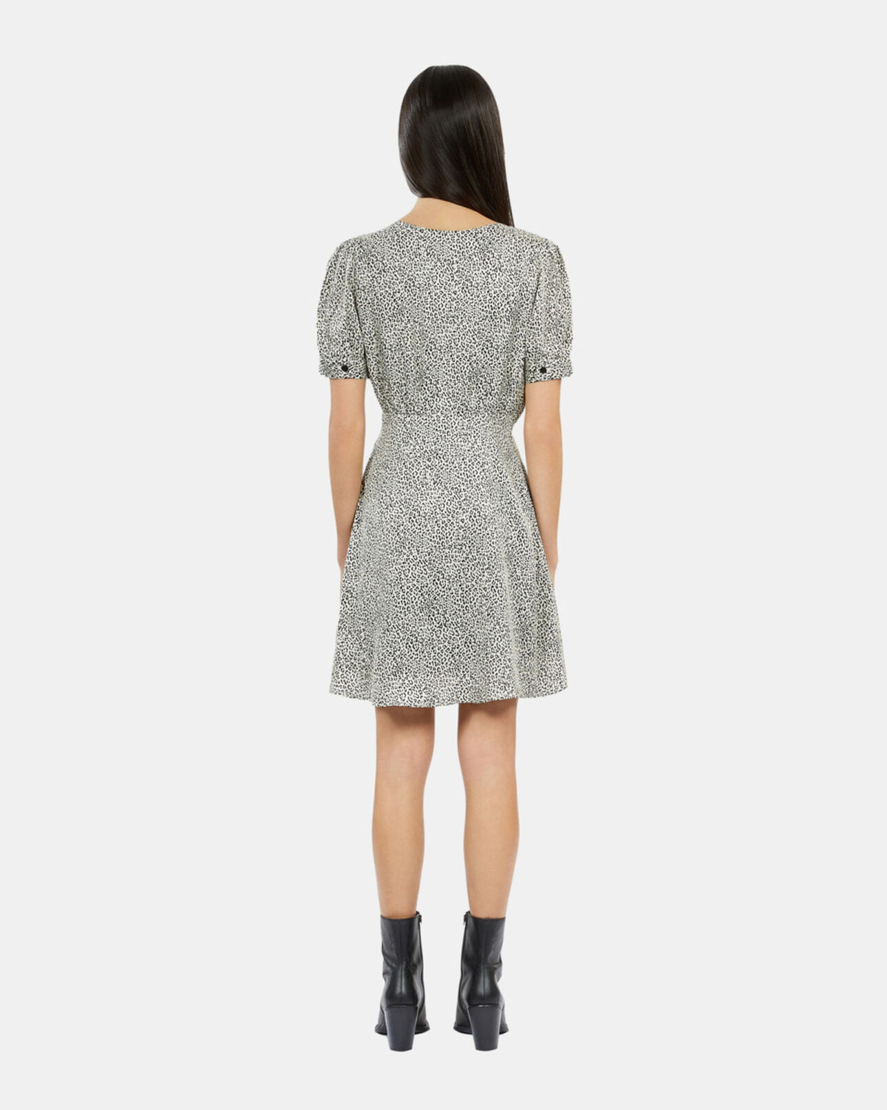 The Kooples WOMEN BLACK WHITE ivory and black leopard print short dress with buttons