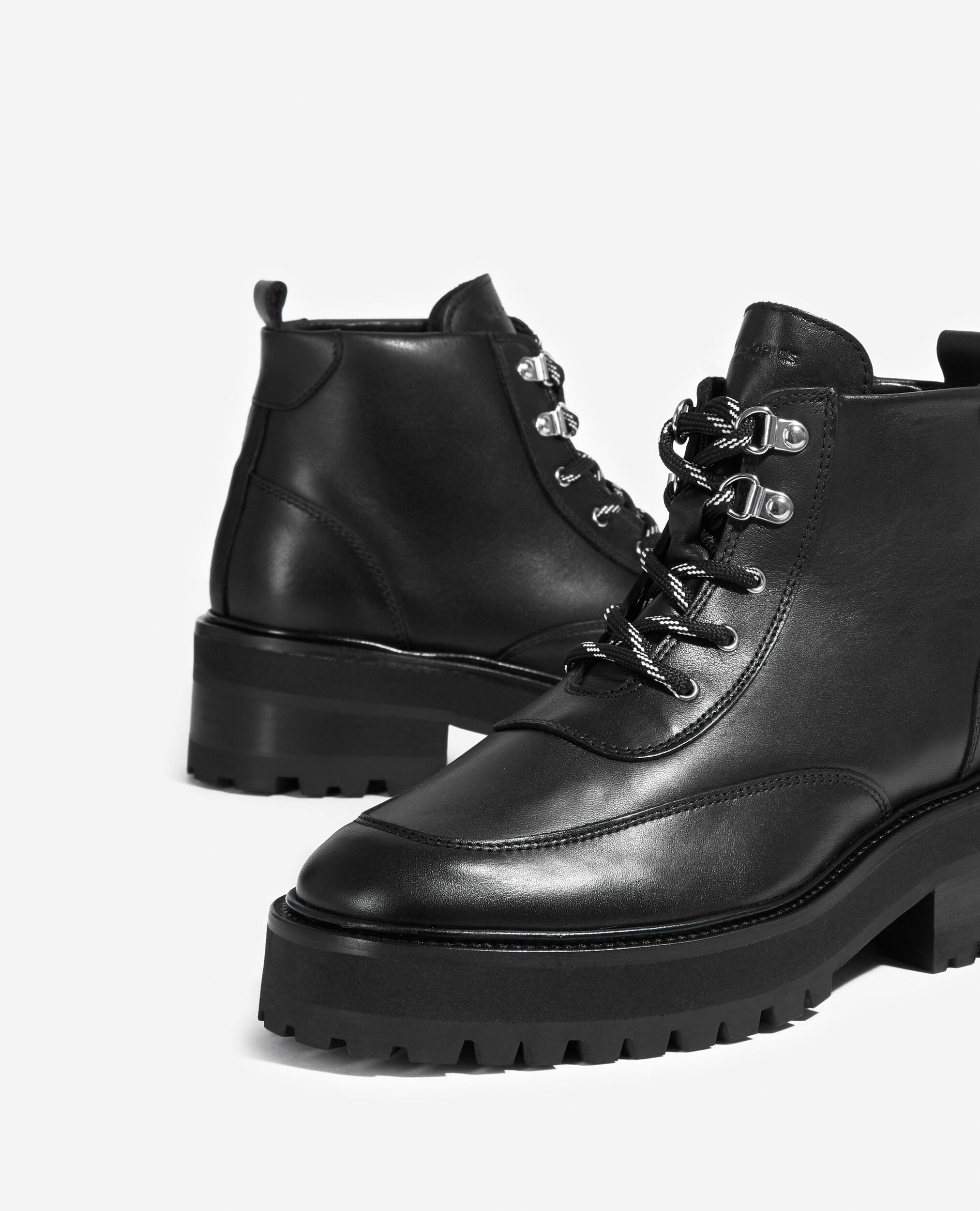 Flat black leather boots in ranger style, BLACK, hi-res image number null