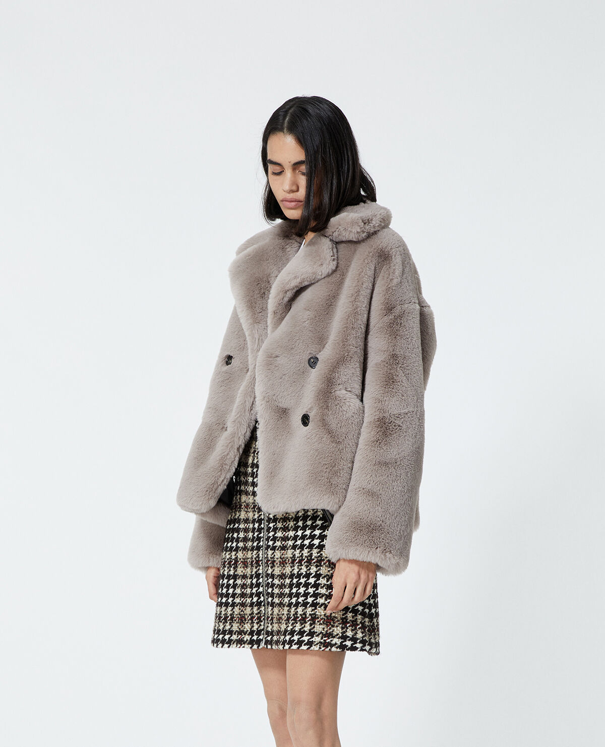 Cropped grey faux fur coat