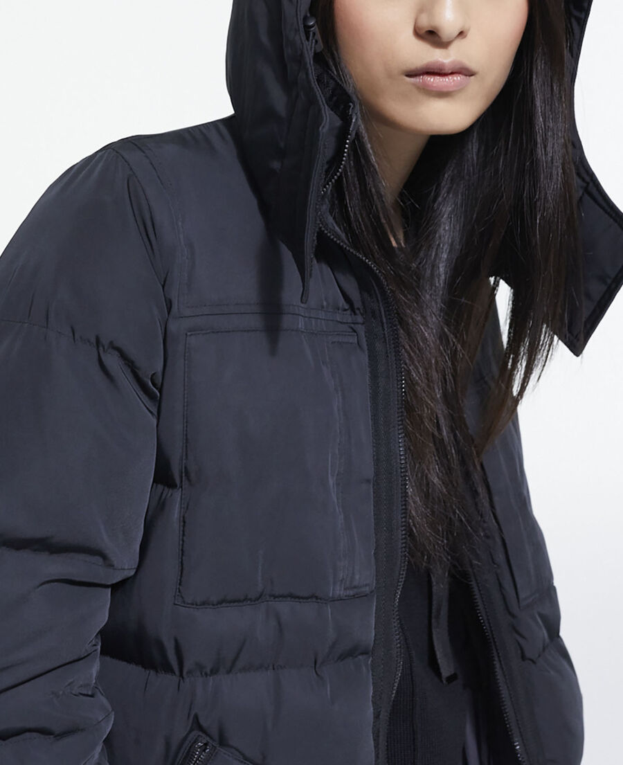 long black down jacket with straps and logo