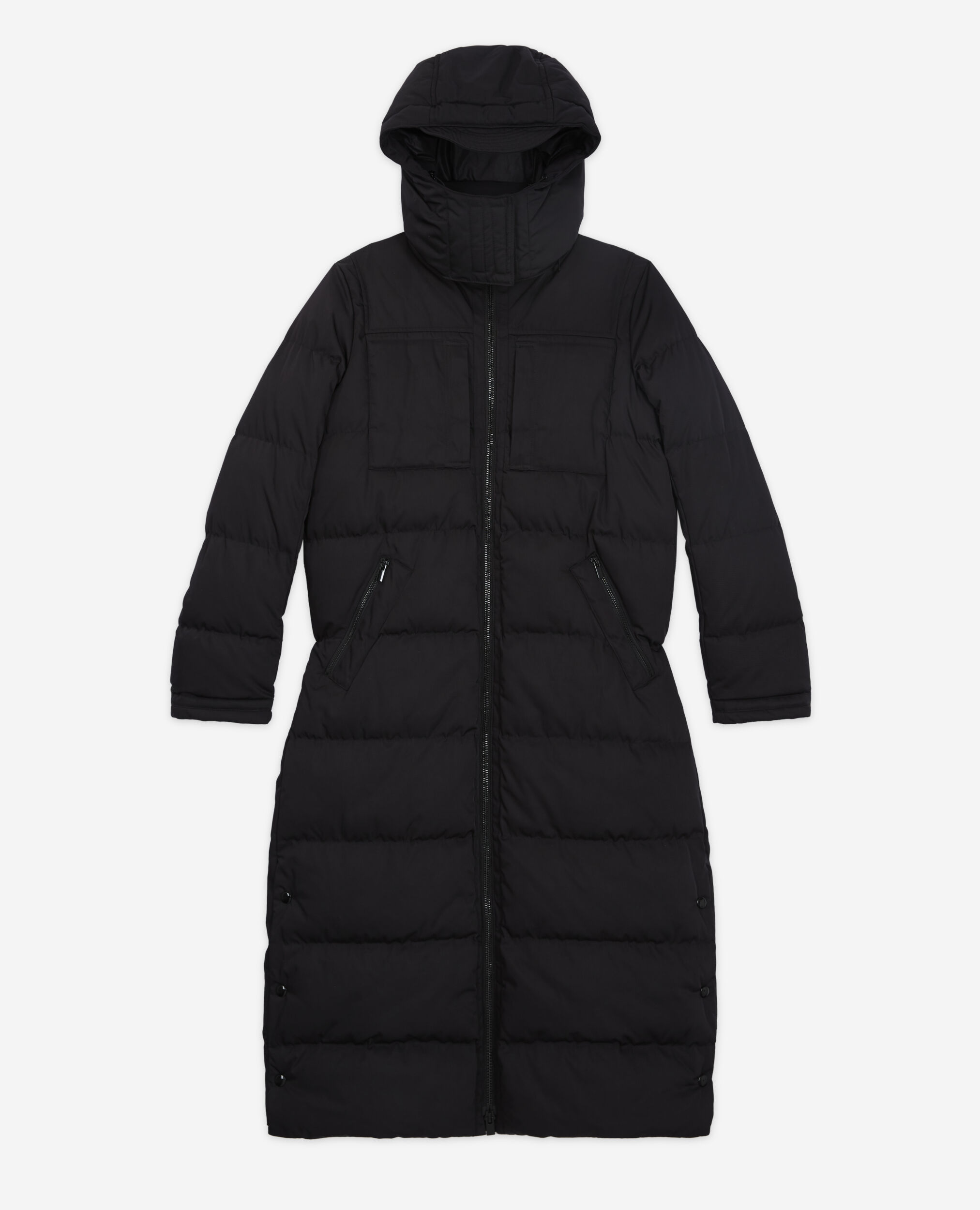 Long black down jacket with straps and logo, BLACK, hi-res image number null
