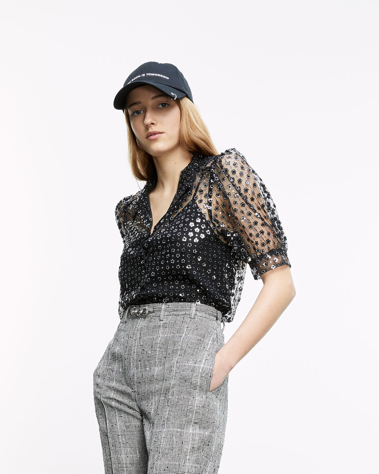 The Kooples DAMEN BLACK ARGENT bluse schwarz halbtransparent pailletten