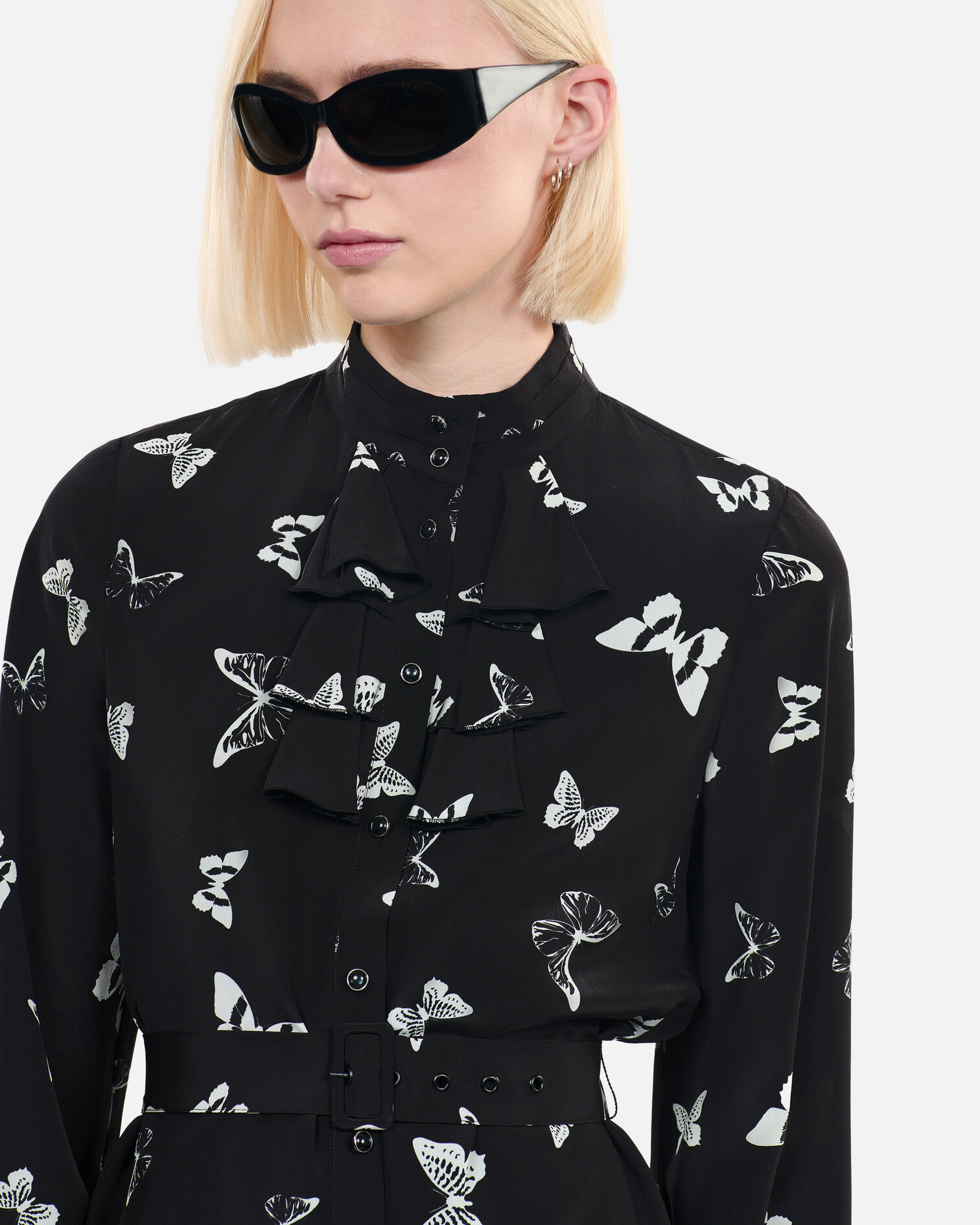 Short butterfly print dress, BLACK WHITE, hi-res image number null