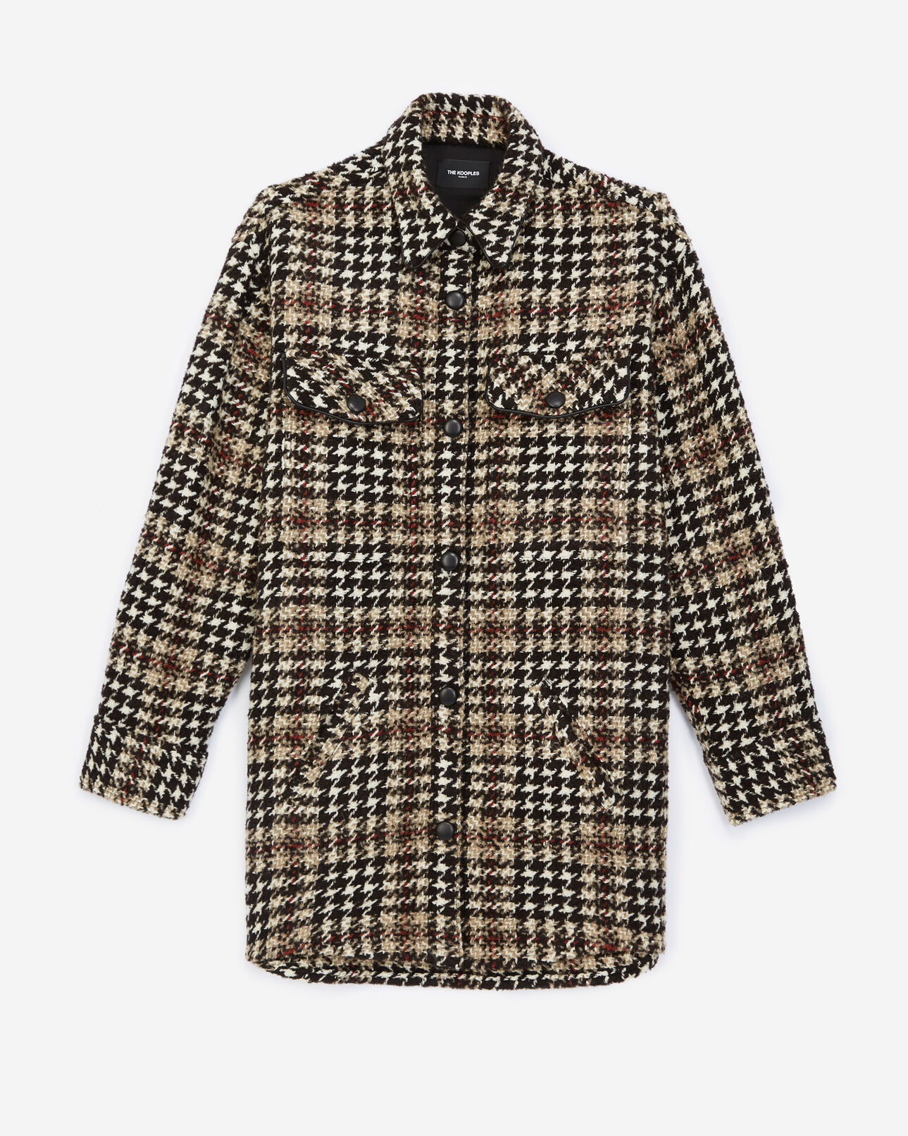 The Kooples WOMEN BLACK-ECRU oversized tweed houndstooth shirt jacket with leather detail