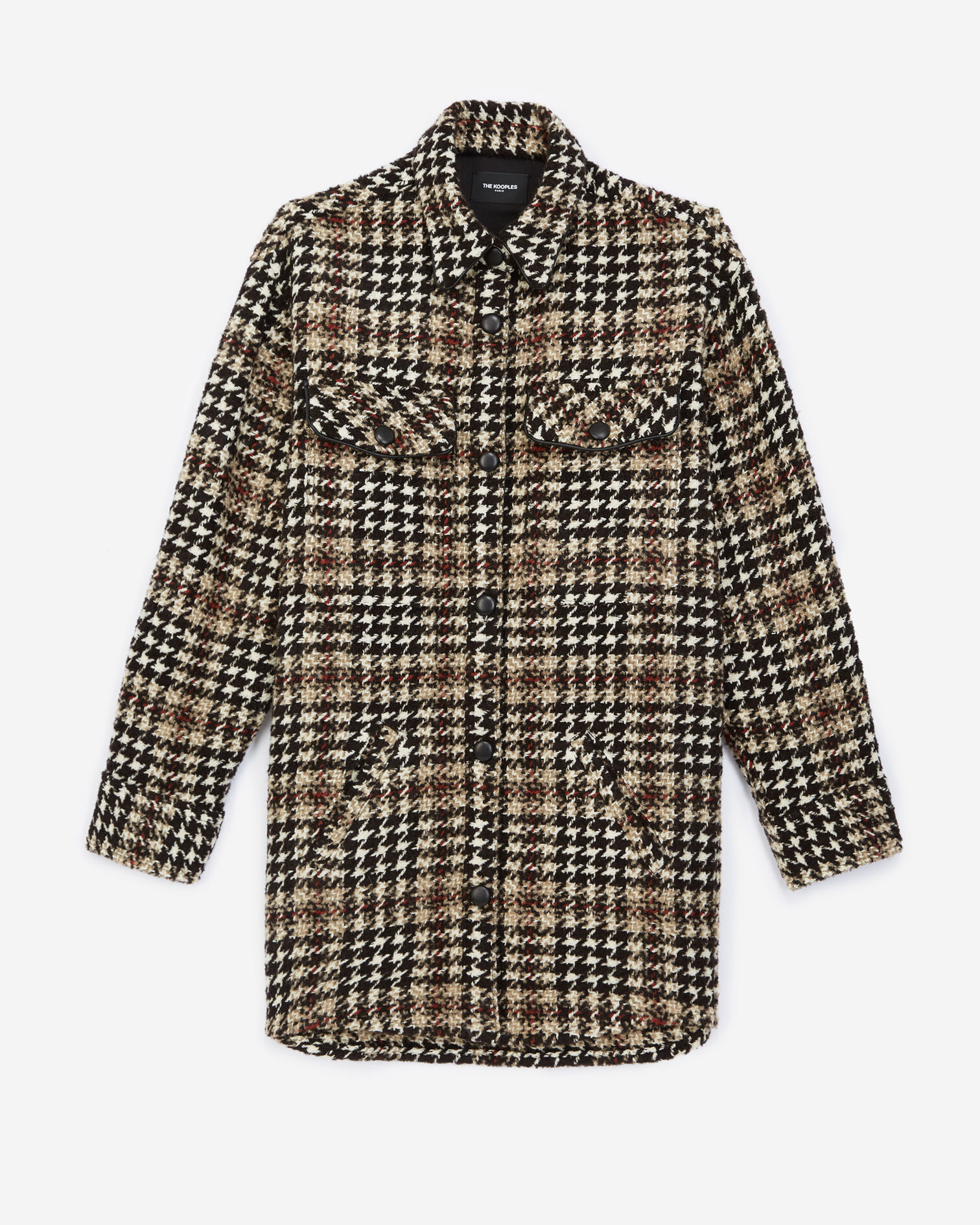 Oversized tweed houndstooth shirt jacket with leather detail, BLACK-ECRU, hi-res image number null