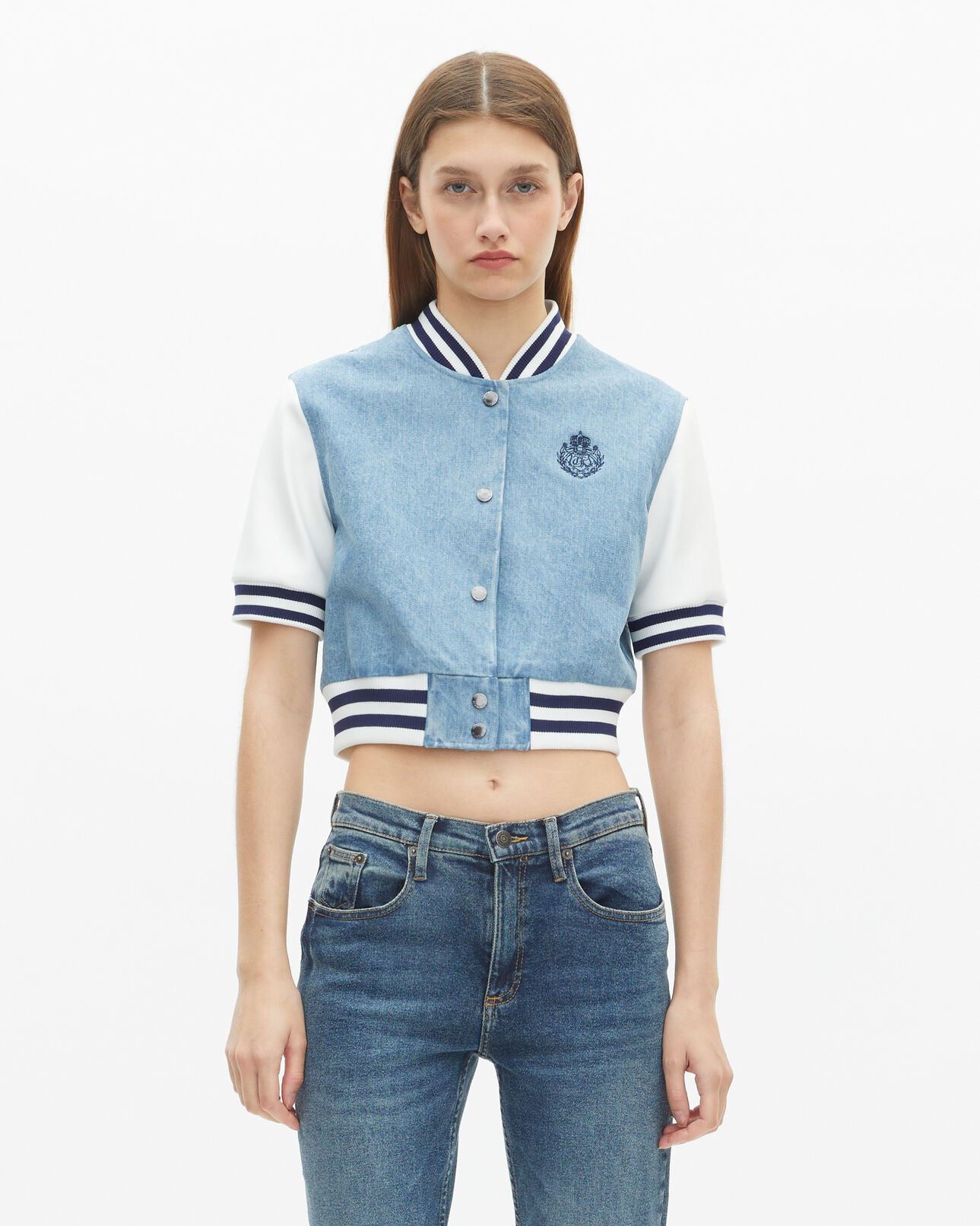 The Kooples DAMEN BLUE WHITE teddyjacke mit kurzen ärmeln aus denim