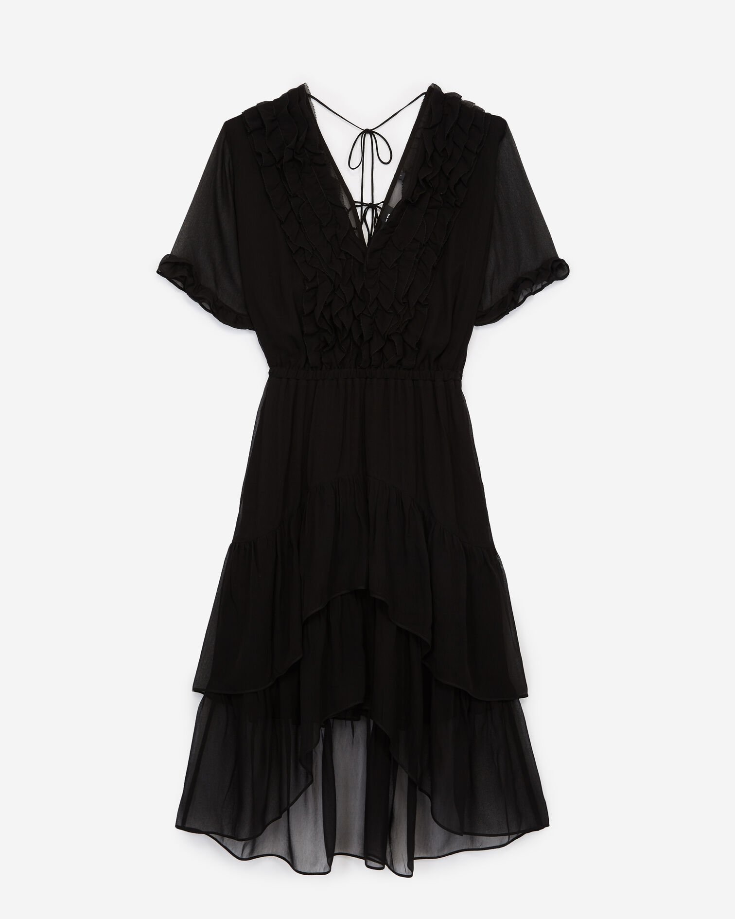 Frilly long black dress with plunging V-neck, BLACK, hi-res image number null