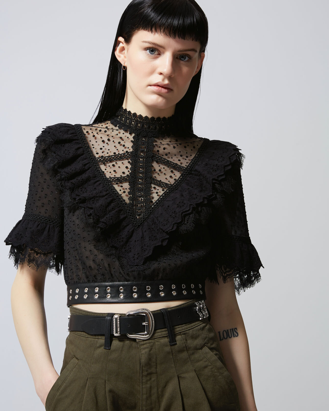 The Kooples MUJER BLACK top negro encaje plumeti cinturón piel