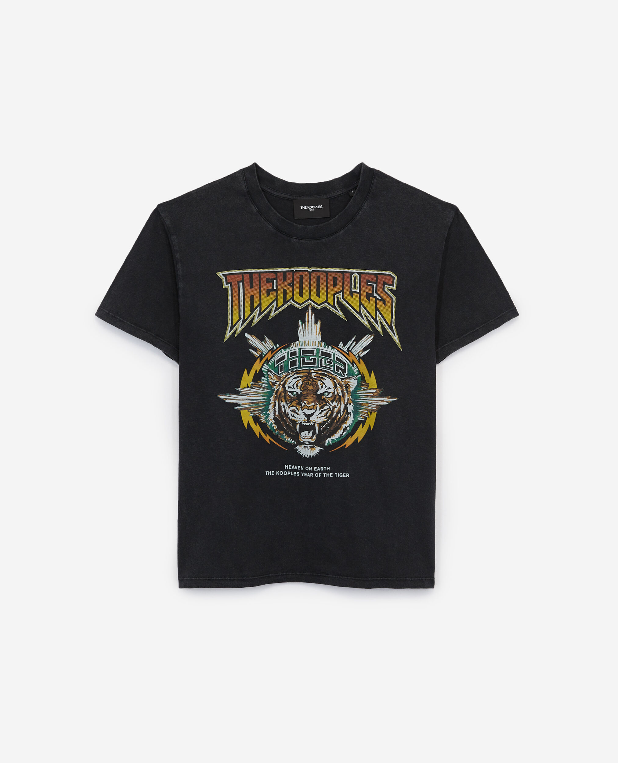 Rock-style cotton T-shirt, tiger screen print, BLACK WASHED, hi-res image number null