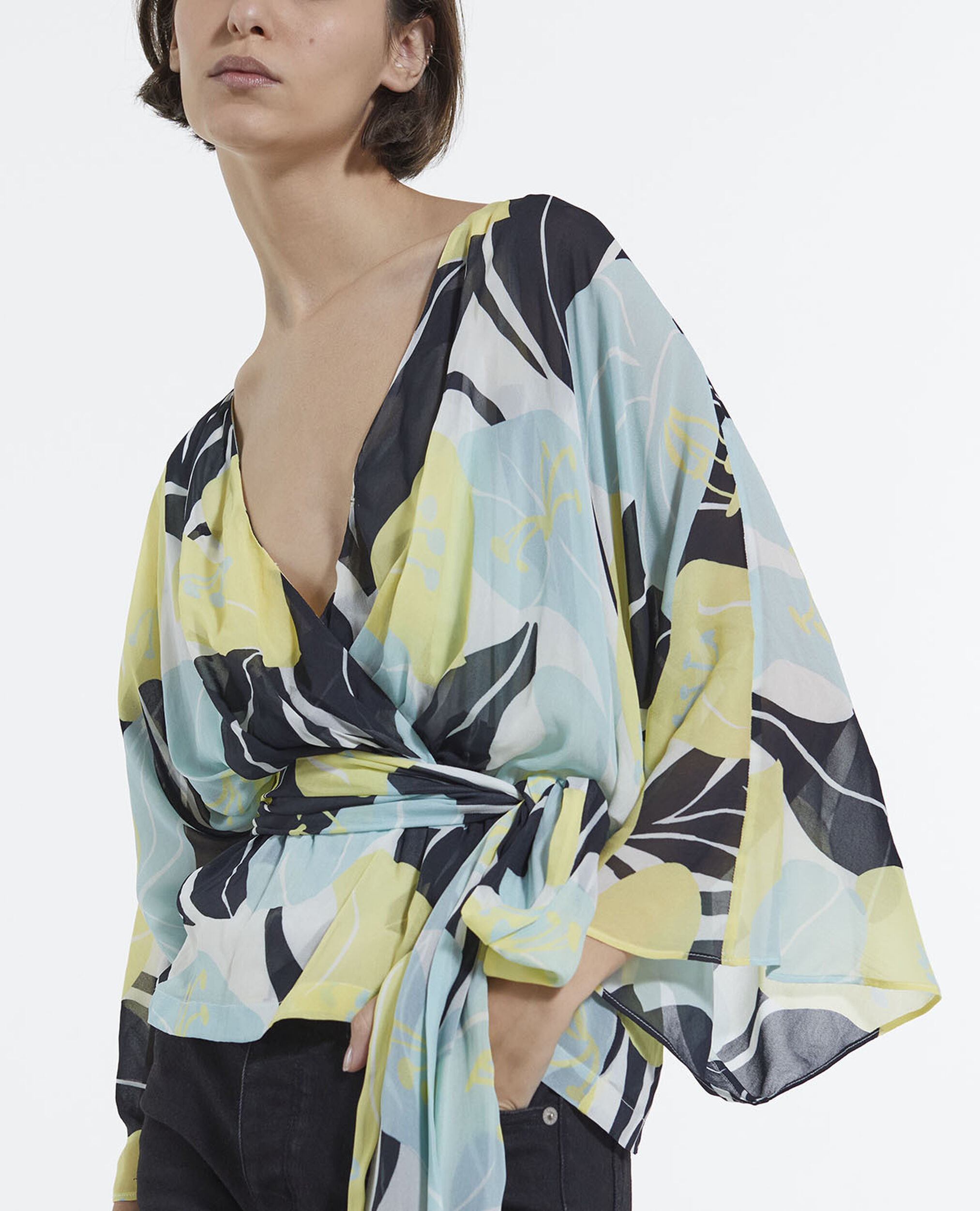 Kimono flowing green top with floral print, GREEN, hi-res image number null