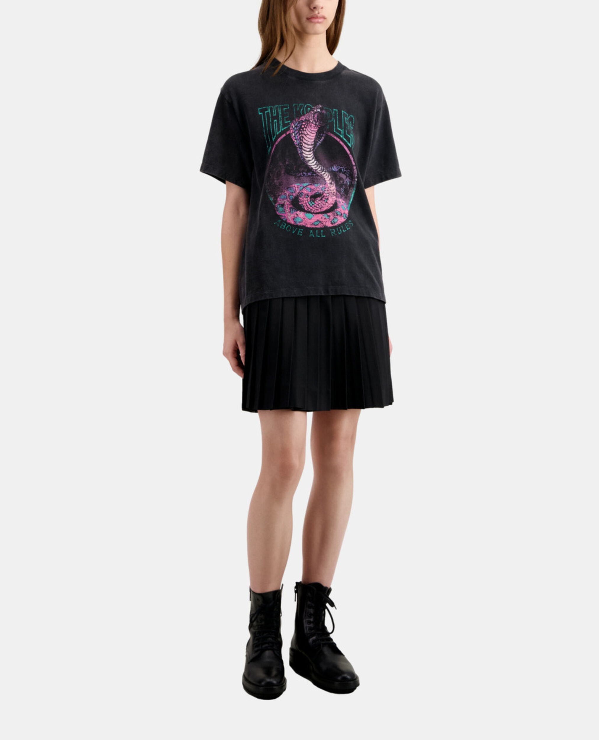 Schwarzes T-Shirt Damen mit „Cobra“-Siebdruck, BLACK / PINK, hi-res image number null