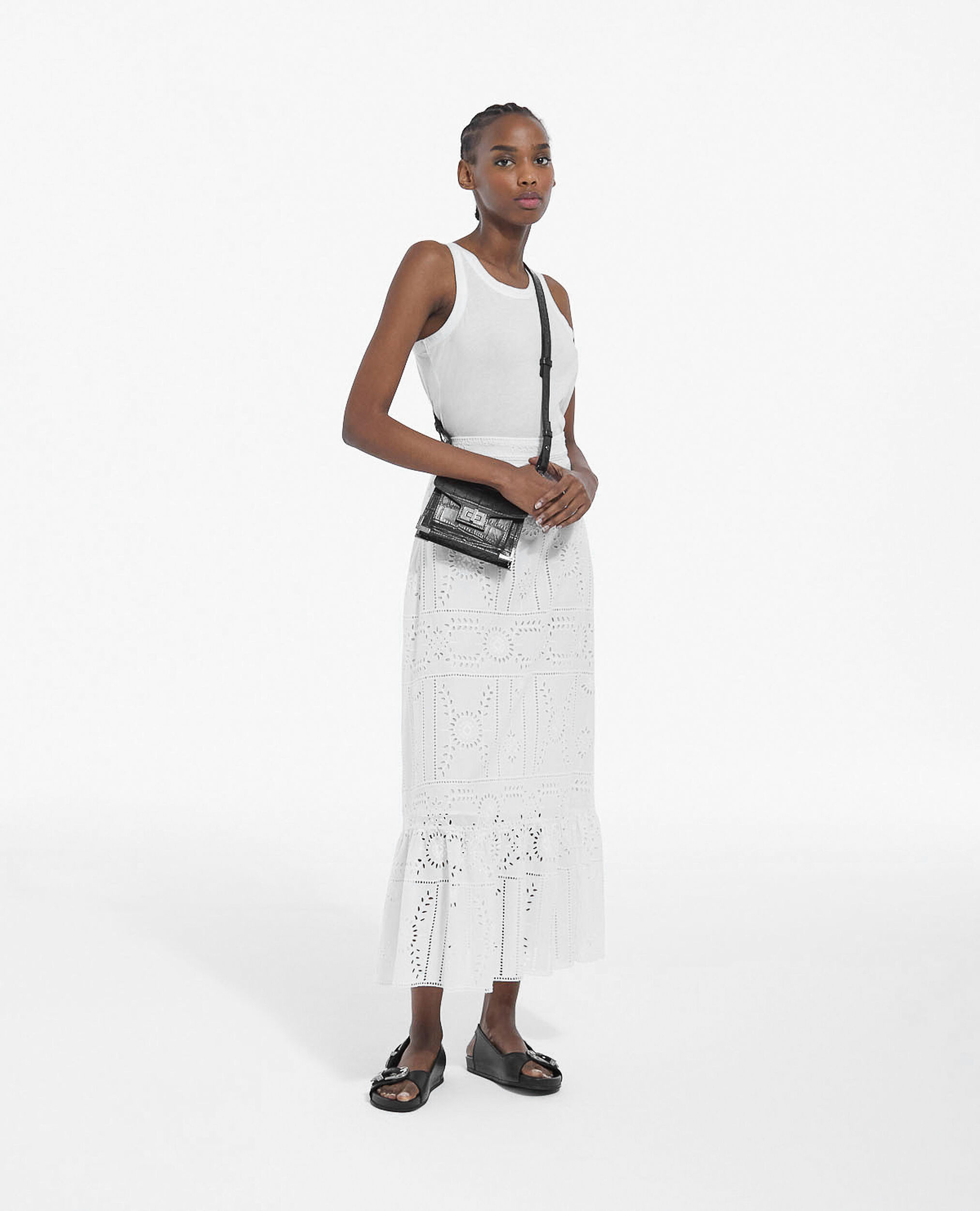 Flowing white cotton long skirt w/ embroidery, WHITE, hi-res image number null