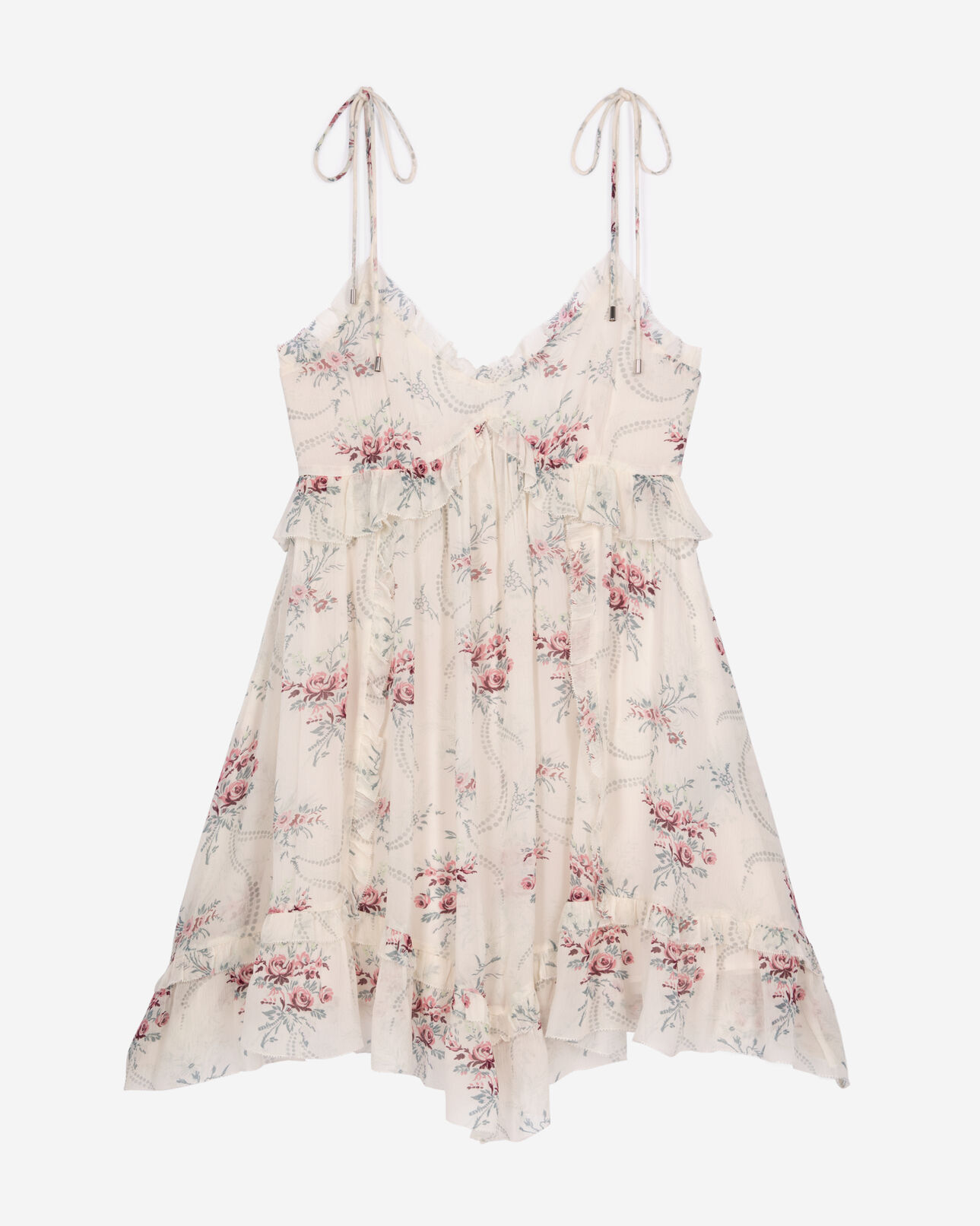 The Kooples FEMME OFF WHITE / PINK robe courte à bretelles imprimé fleuri blanche
