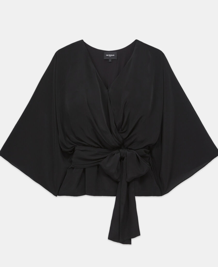 top kimono negro manga larga drapeado