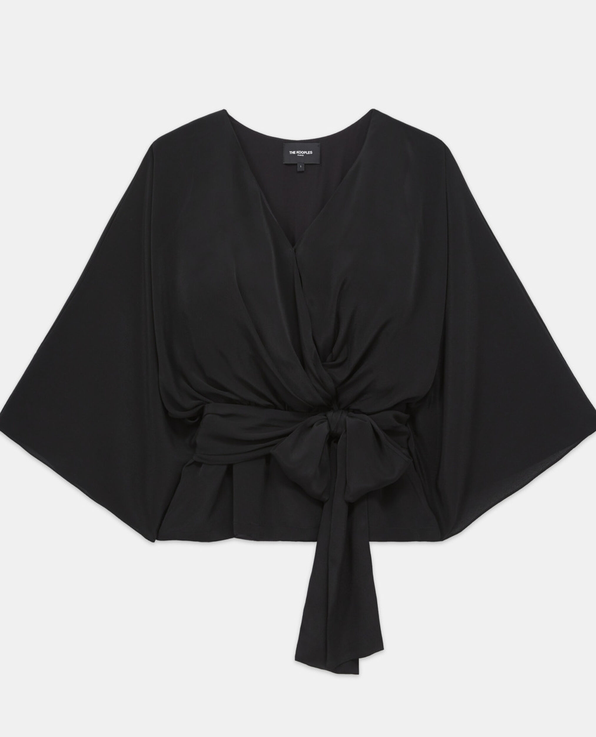 Top kimono negro manga larga drapeado, BLACK, hi-res image number null