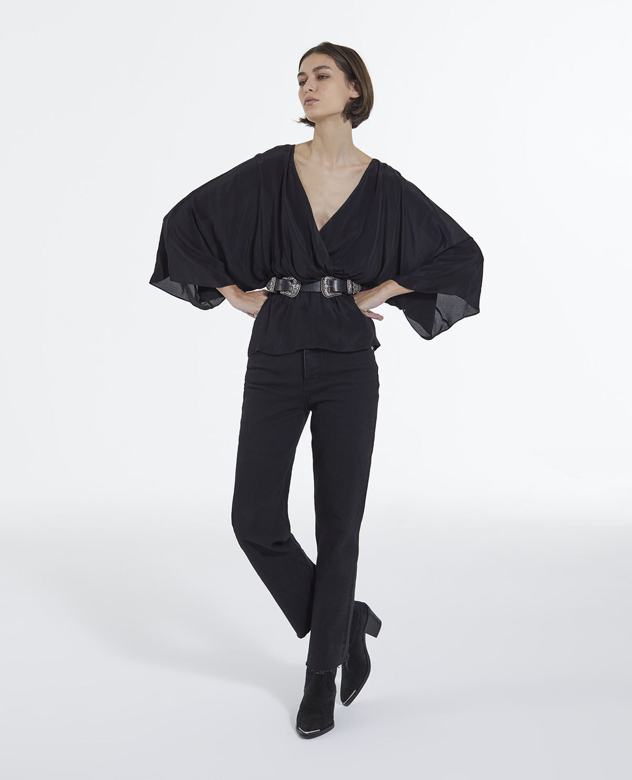 Black kimono top with long draped sleeves, BLACK, hi-res image number null