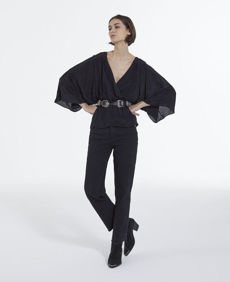 black kimono top with long draped sleeves