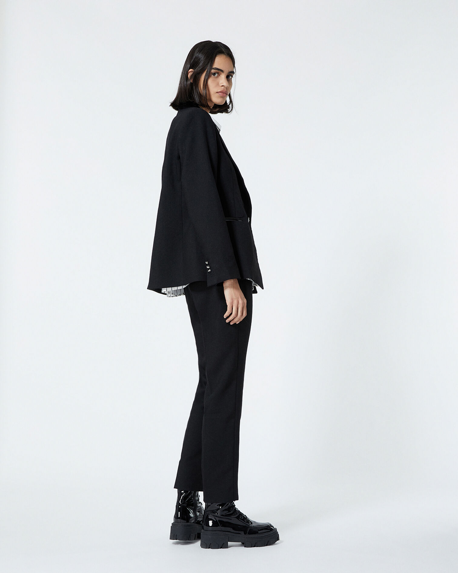 Veste laine noire détail cuir façon croco, BLACK, hi-res image number null