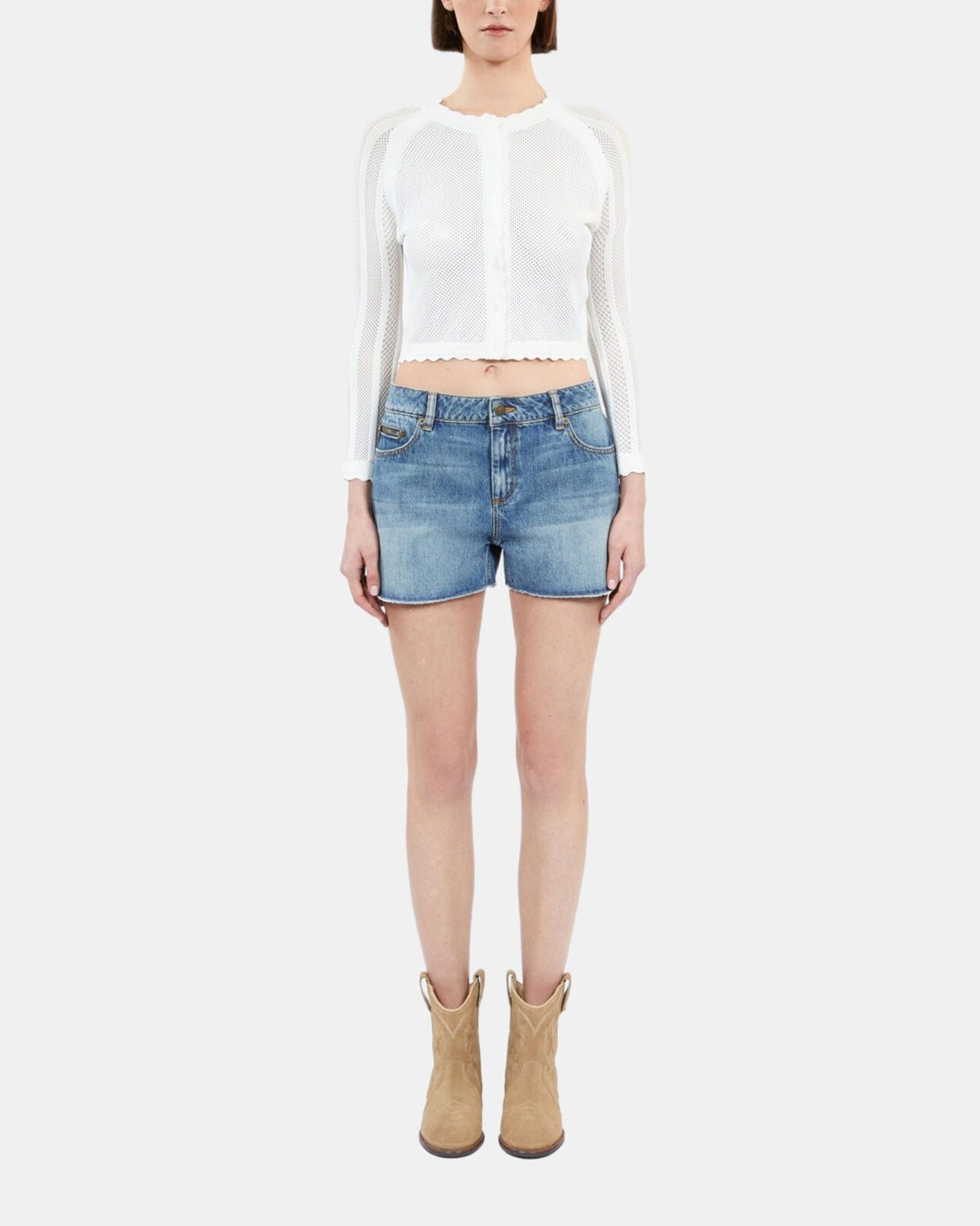 The Kooples DAMEN WHITE weißer kurzer cardigan aus ajour-strick