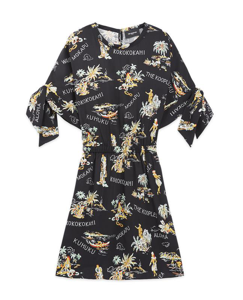 The Kooples DAMEN BLACK schwarzes kurzarm-kleid mit hawaii-motiv